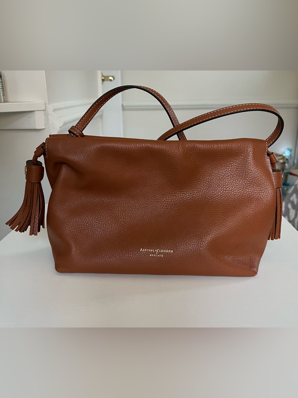 Aspinal of London Tan Leather crossbody Bag with Tassels